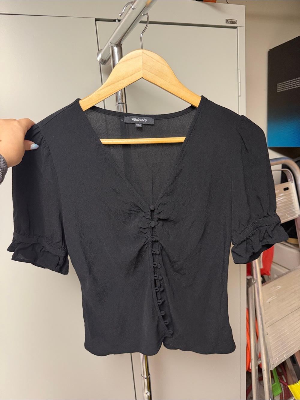 Madewell Black V-Neck Buttoned Ruffle Sleeve Top